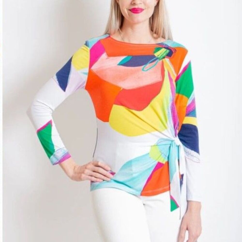 Clara Sun Woo Women's NWT Vibrant Abstract Side Tie LS Top Size L